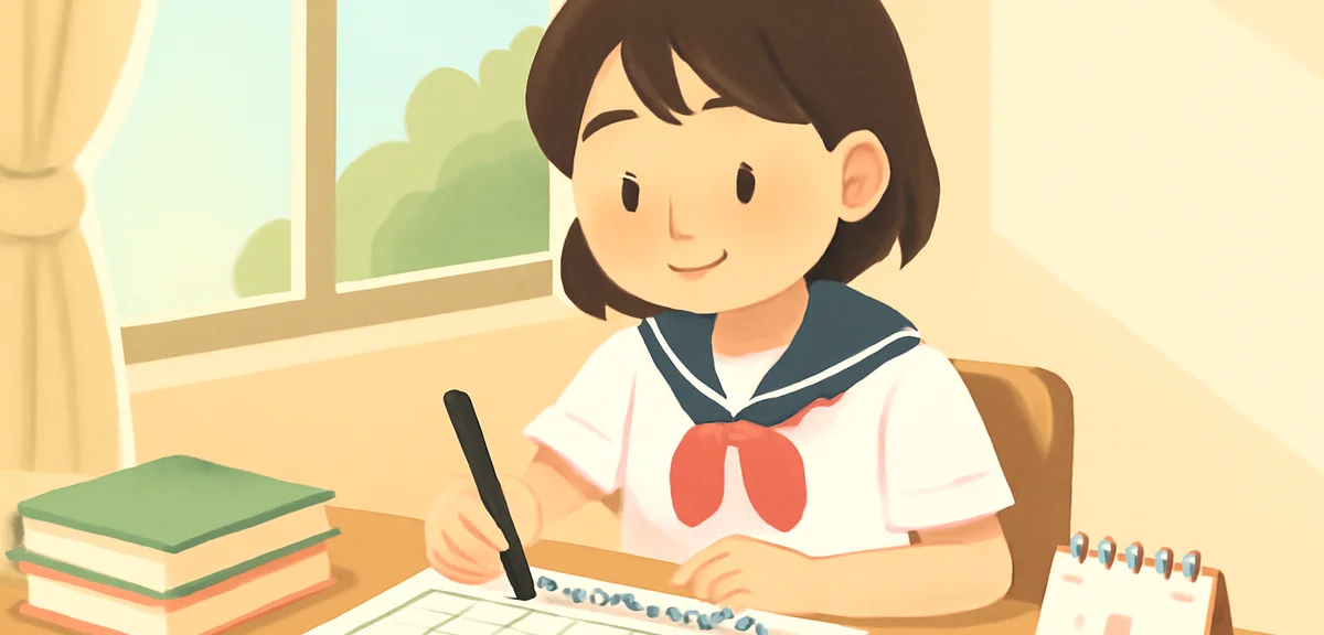 A Japanese junior high school student writing a summer vacation schedule on a printed weekly planner