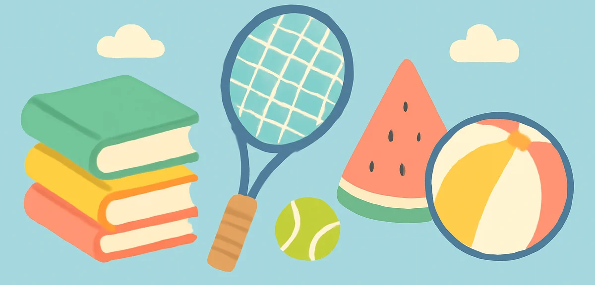 Three balanced icons concept illustration of study books, sports equipment like a tennis racket and 