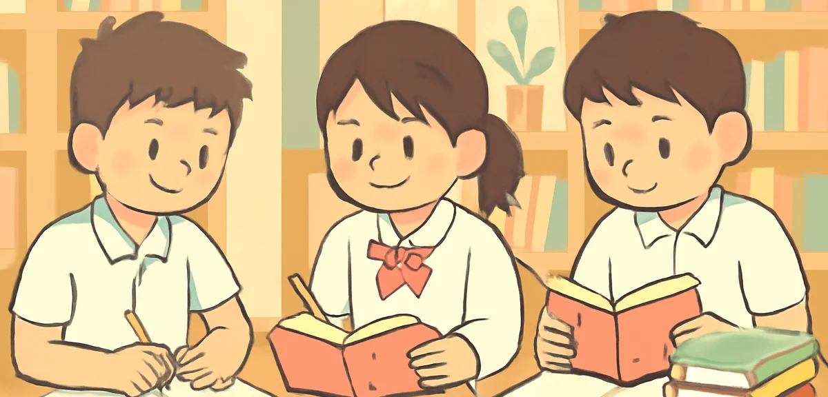 Three Japanese junior high school students in different grades studying together in a bright library