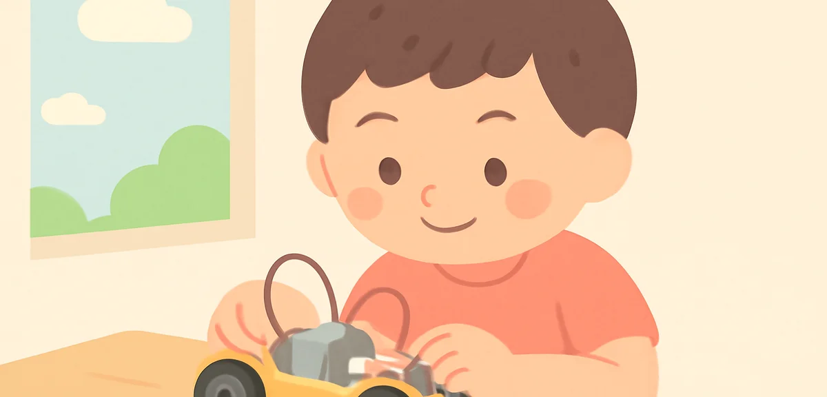 Close-up of a child's hands assembling a small motor-driven craft car with wires and wheels, focused