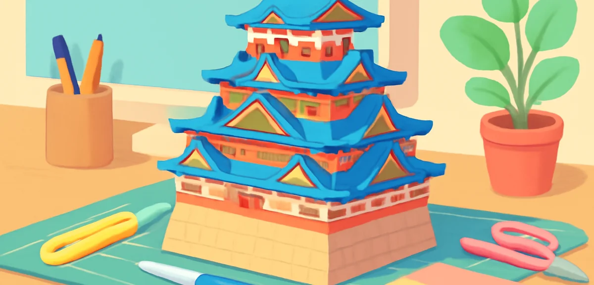 Detailed paper craft model of a Japanese castle on a study desk with cutting mat and tools, colorful