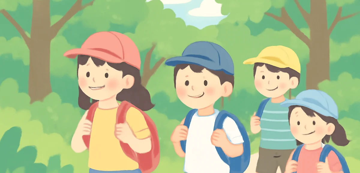 Group of Japanese elementary students hiking in green forest with backpacks, summer camp scene, natu