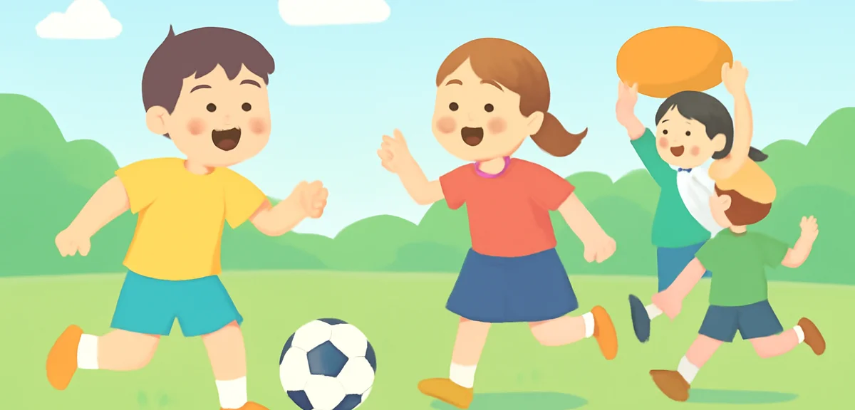 Children playing sports activities at summer camp, soccer and outdoor games on grass field, energeti