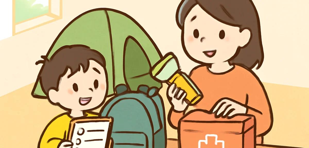 Parent and child checking camp safety equipment and first aid kit, careful preparation scene, warm l