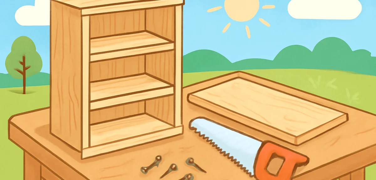 Wooden bookshelf craft project with handsaw and nails on workbench, natural pine wood, sunny summer 