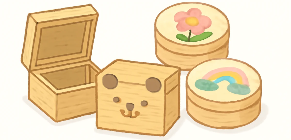 Small wooden coin case and trinket boxes handmade by child, cute design, natural wood texture, clean