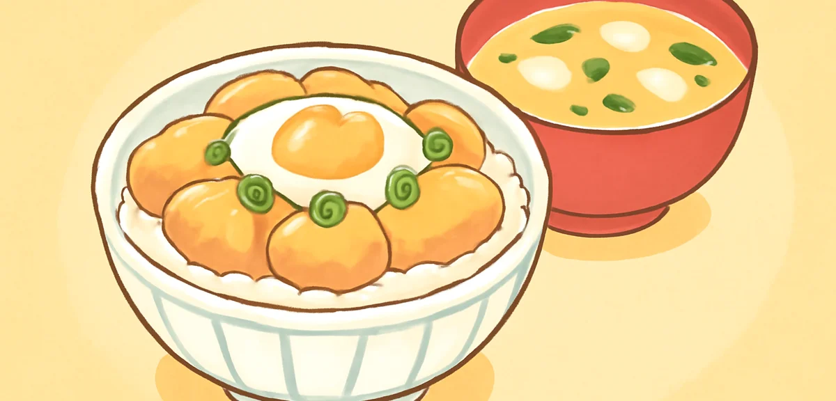 A donburi rice bowl with chicken and egg, served with miso soup, casual home cooking style, warm lig