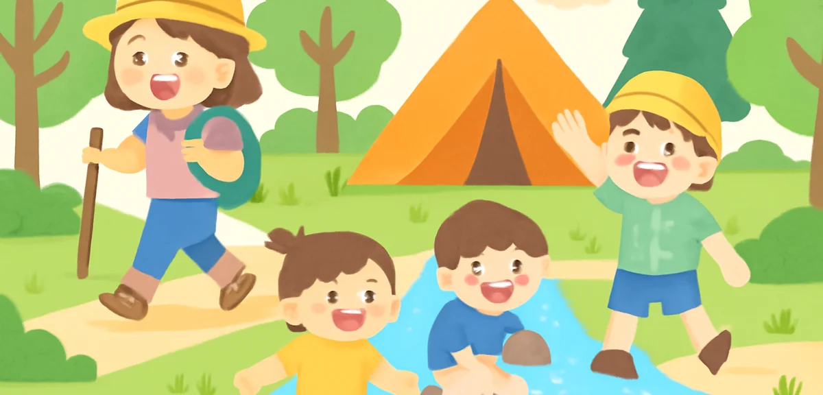 Kids enjoying nature camp activities, hiking in forest, tent camping, river play, summer adventure