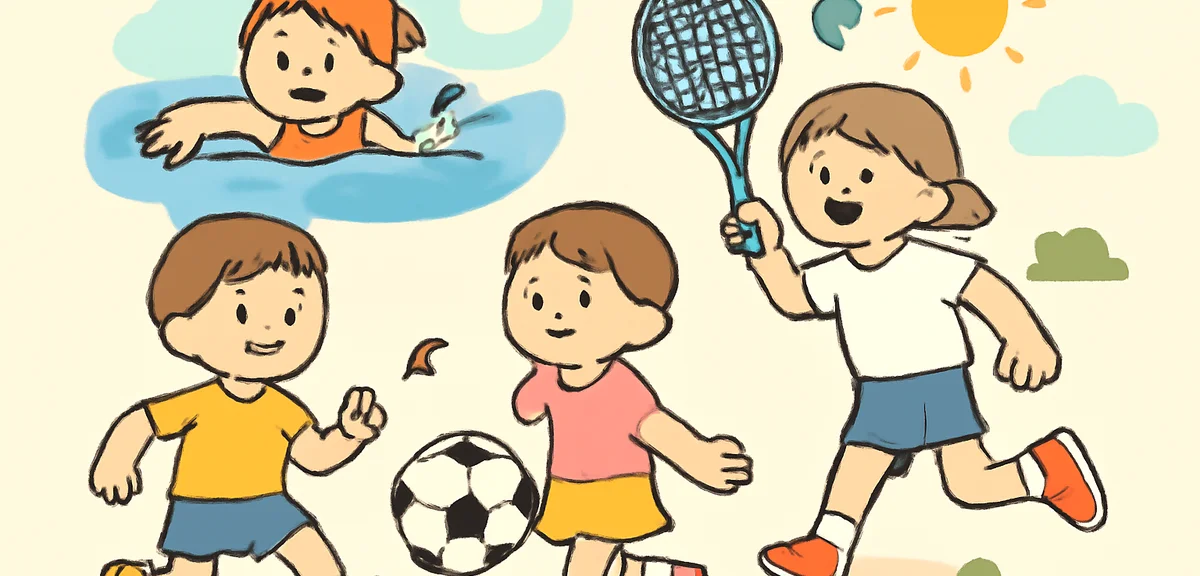 Kids participating in sports experience program, swimming, soccer, tennis camp, athletic training, h
