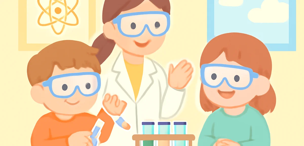 Kids doing a science experiment with test tubes and colorful liquids in a science museum workshop, s