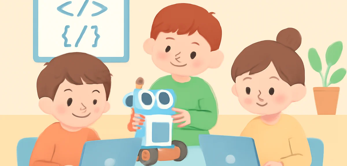 Children learning programming on laptops at a coding workshop, building a small robot, focused faces