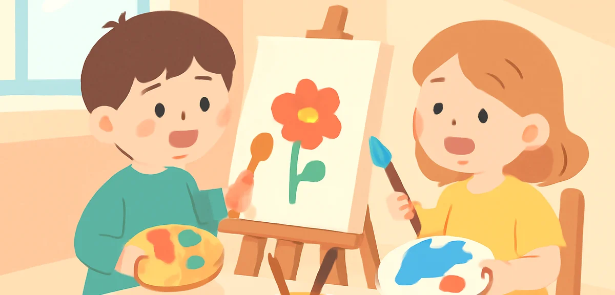 Kids painting on canvas at an art workshop in a sunlit studio, paint palettes and brushes, creative 