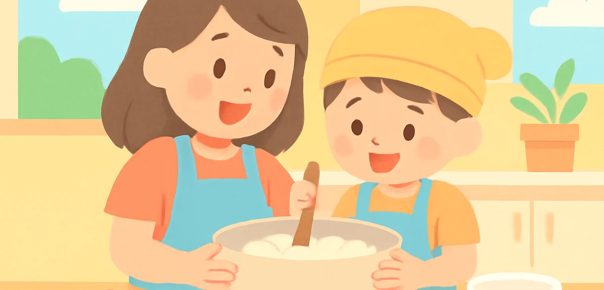 Parent and child cooking together at a kids cooking workshop, mixing dough in a clean kitchen, smili