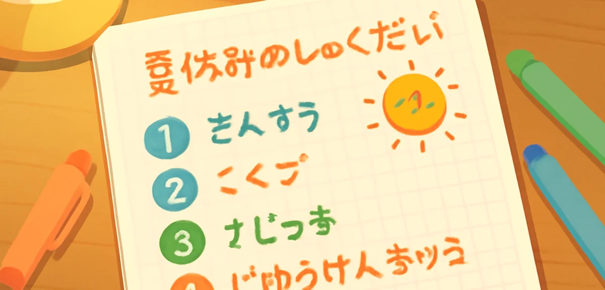 Close-up of a handwritten Japanese summer homework schedule on grid paper with colored markers, show