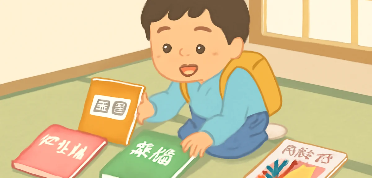 A Japanese elementary student sorting homework workbooks by category on a tatami room floor, drill b