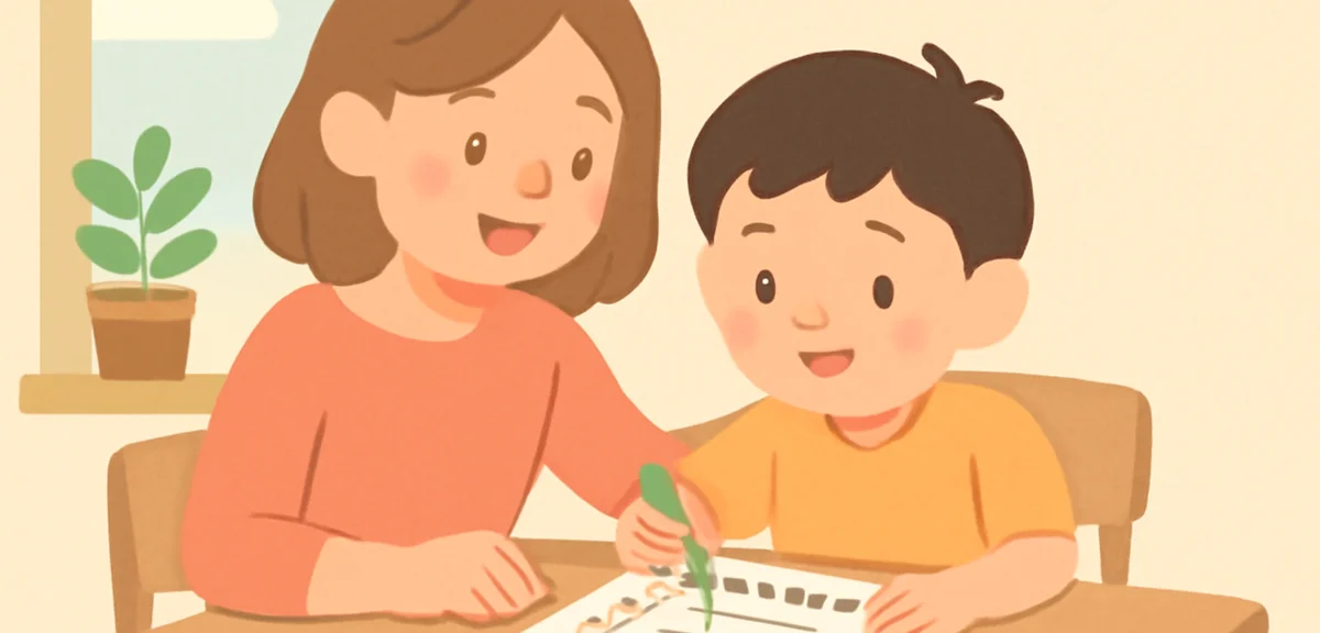 A parent and child reviewing a summer homework checklist together at the dining table, supportive at