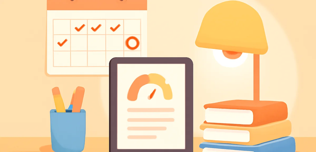 A neat study corner with a wall calendar marked with deadlines, a tablet showing a progress tracker,