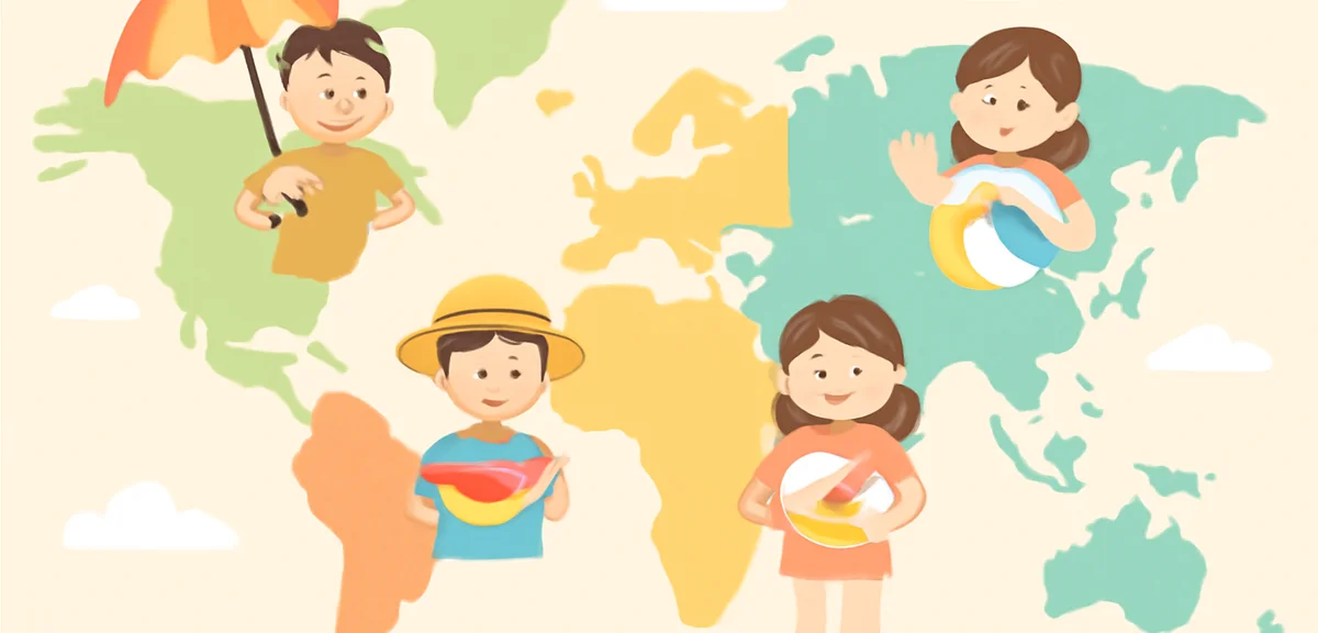World map showing different countries with summer vacation periods highlighted, colorful infographic