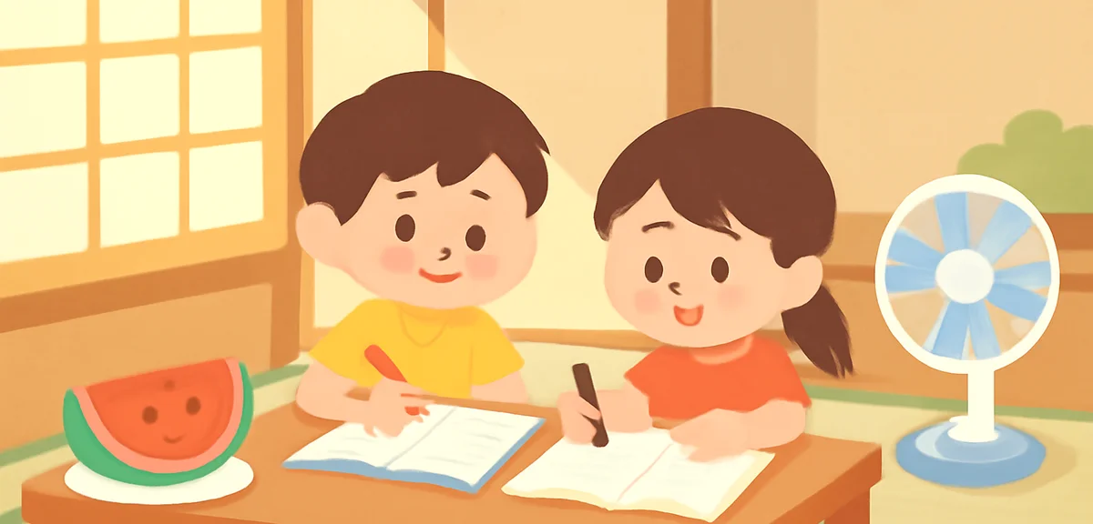 Japanese children doing summer homework at a low table, watermelon and electric fan nearby, traditio