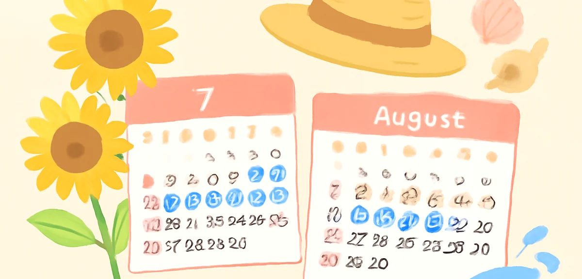 Calendar pages showing July and August with school vacation marks, surrounded by summer items like s