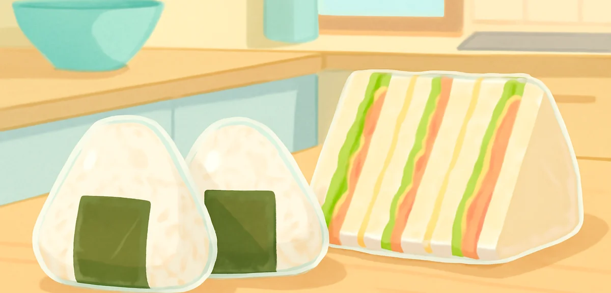 Close-up of plastic-wrapped onigiri and sandwiches arranged on a kitchen counter, ready for a child 