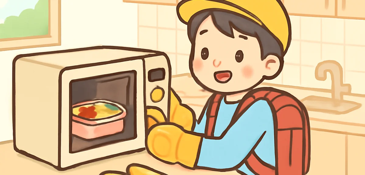 Japanese elementary school student carefully using a microwave oven to warm up lunch, oven mitts on 