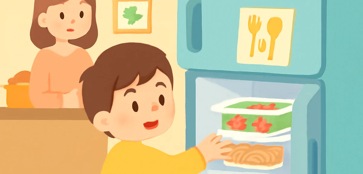 A note from parent on the refrigerator with lunch instructions, child opening the fridge to take out