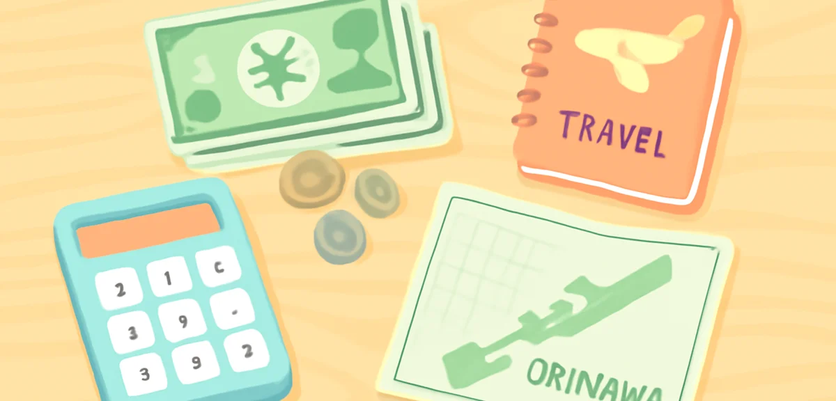 Travel budget planning concept, calculator, Japanese yen bills, travel notebook, map of Okinawa, on 