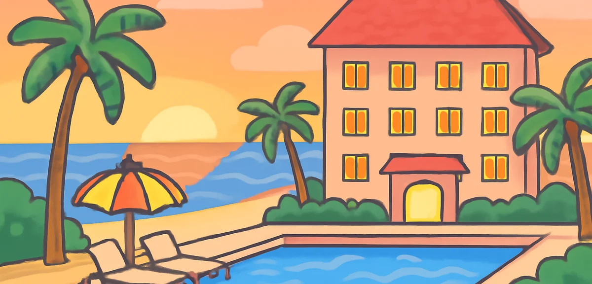 Okinawa beach resort hotel exterior with pool, summer sunset, tropical palm trees, family-friendly a