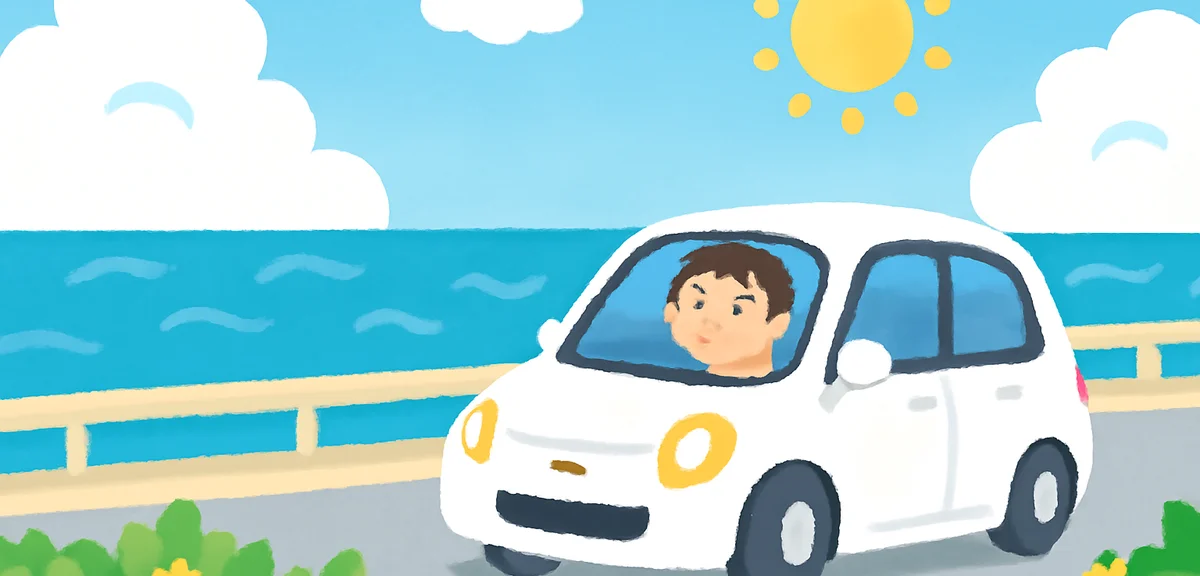 Rental car driving along Okinawa coastal road, blue ocean view, summer scenery, white compact car, s
