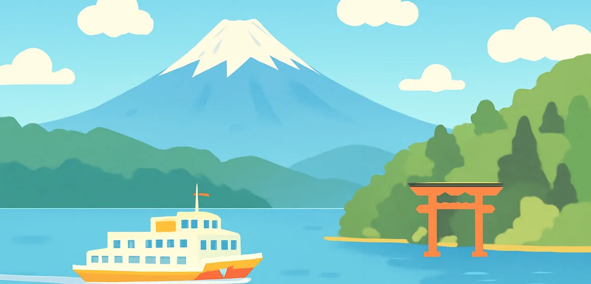 Hakone Lake Ashi with Mount Fuji in background, summer scenery, clear blue sky, tourist boat, photor