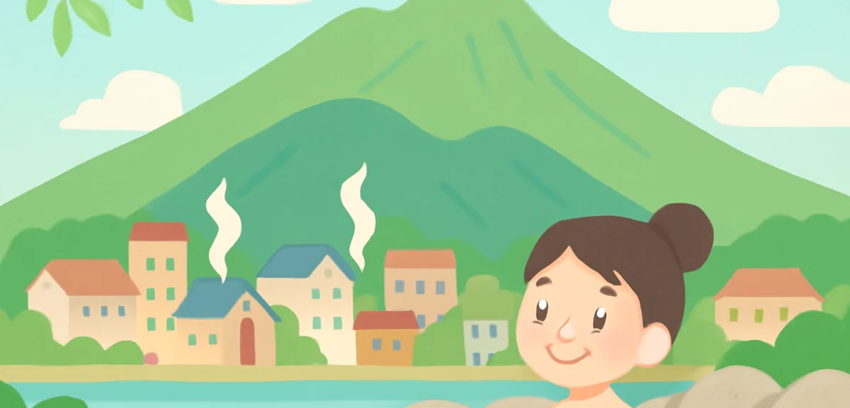 Yufuin onsen town in Oita with steam rising, mountain backdrop, summer green leaves, photorealistic
