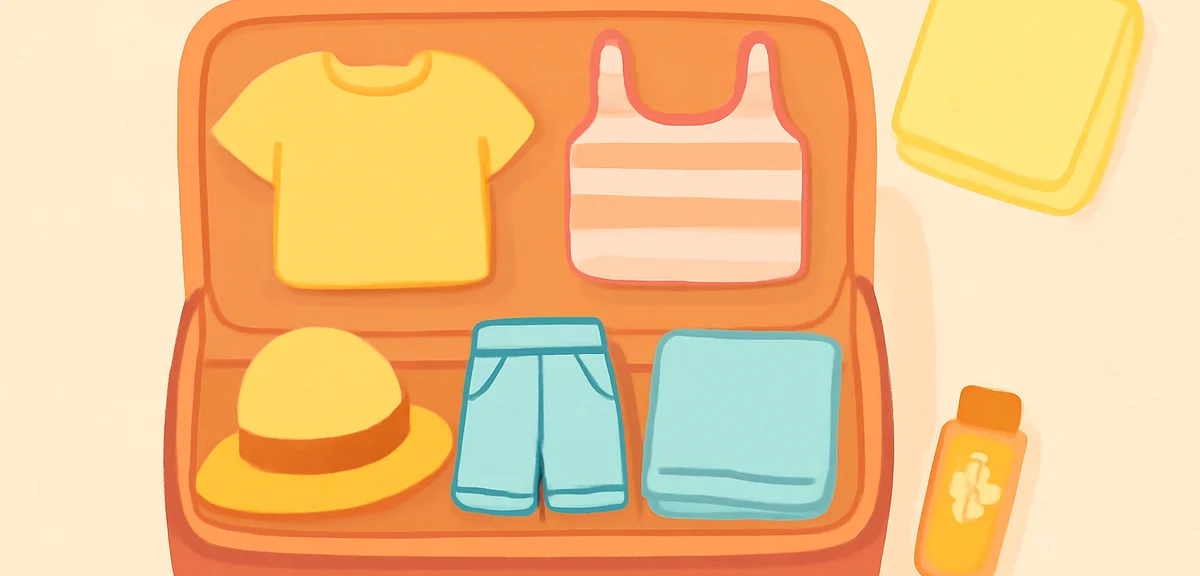 Travel suitcase packed with summer essentials, neatly organized clothes, sunscreen, towel, top view,