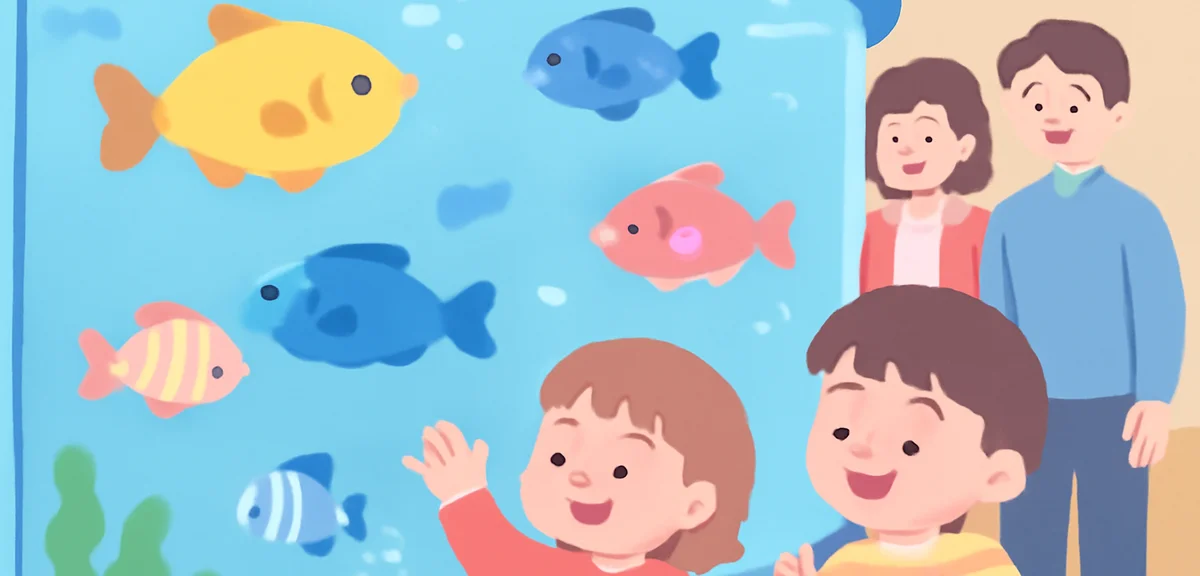 Children watching colorful fish through a large aquarium tank, blue lighting, family in background, 