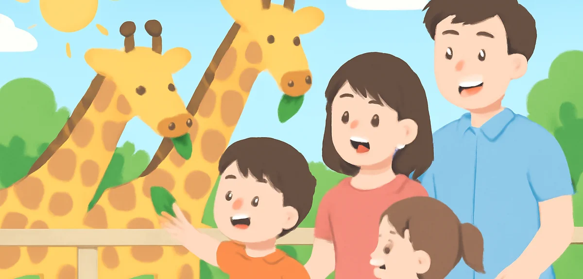 Family with kids feeding giraffes at a zoo on a sunny summer afternoon, green background, photo real