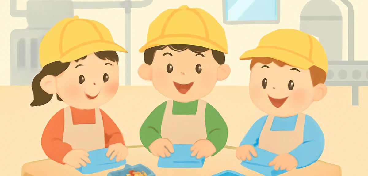 Children participating in a hands-on craft workshop at a factory tour, wearing aprons, smiling, phot