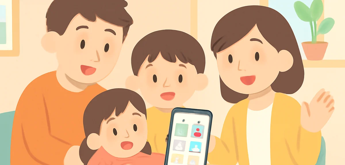 Parents and kids checking a map and schedule on a smartphone before going out, cheerful mood, indoor