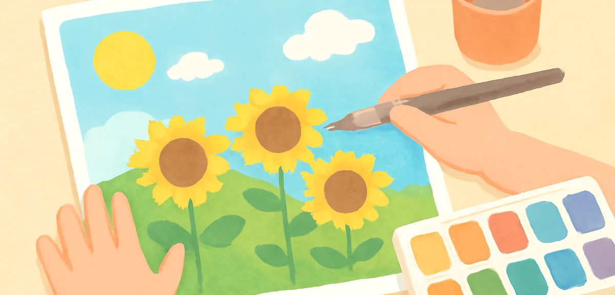 Close-up of children's hands painting a vibrant summer landscape with watercolors, sunflowers and bl
