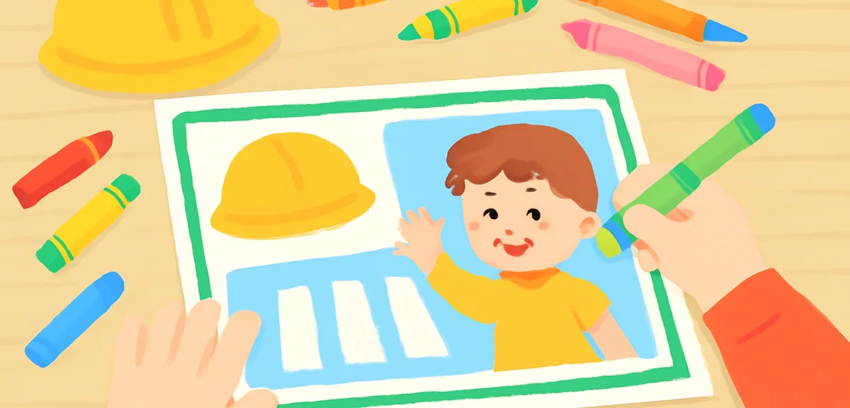 A colorful traffic safety poster being drawn by a child, crayons and markers spread on a wooden desk
