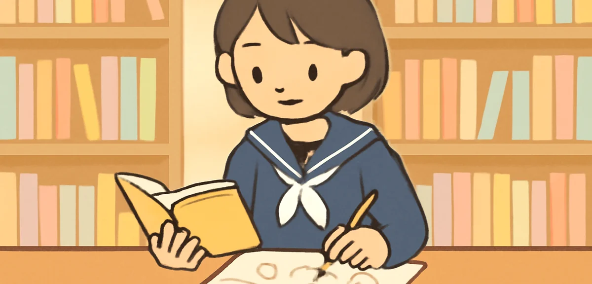 Japanese student reading a book and sketching the scene from the story onto drawing paper, library s