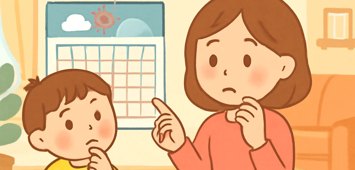 A Japanese mother and child looking at a summer calendar at home, mixed expressions of concern and t