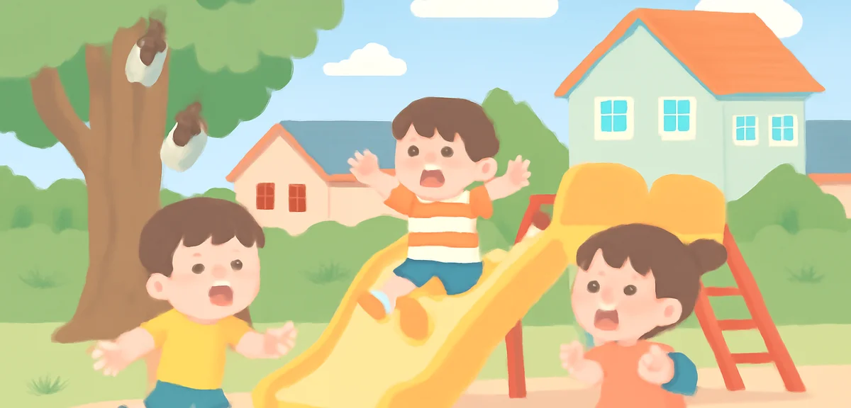 Children playing outdoors in a Japanese neighborhood park during shorter summer break, cicadas and t