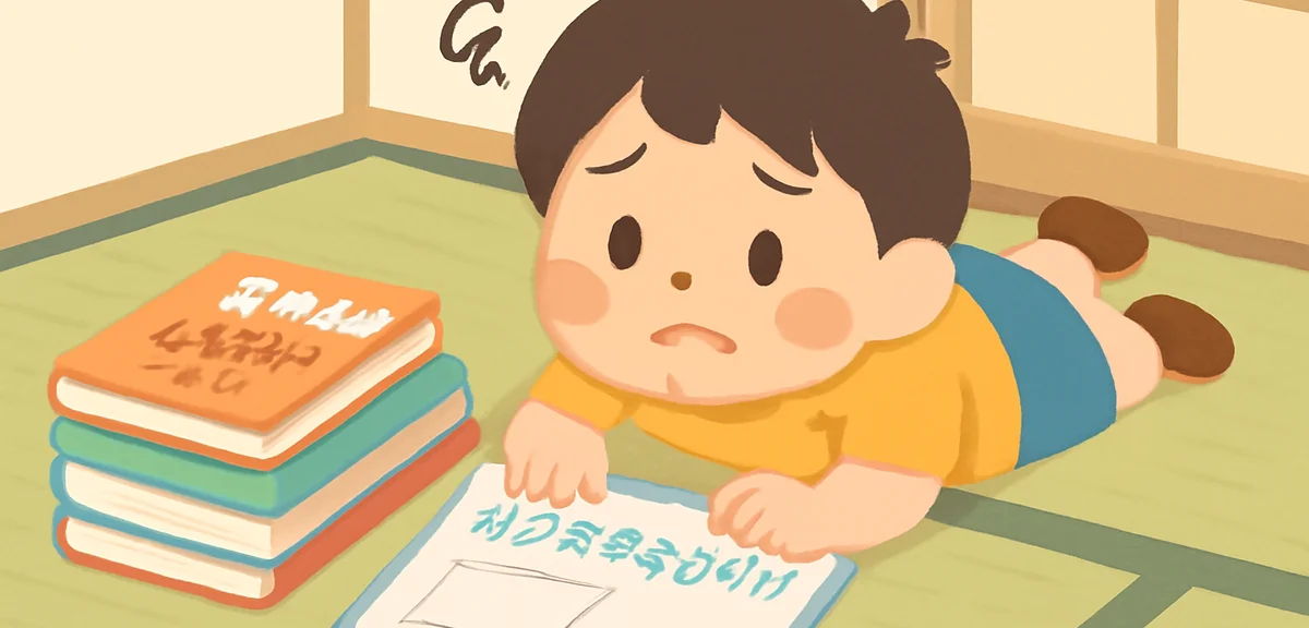 A Japanese elementary school student lying on the floor in a tatami room with a pile of summer homew