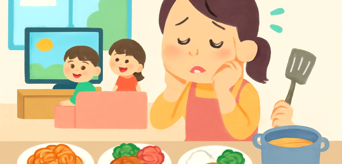A tired Japanese parent in the kitchen preparing lunch with three different menus while children wat
