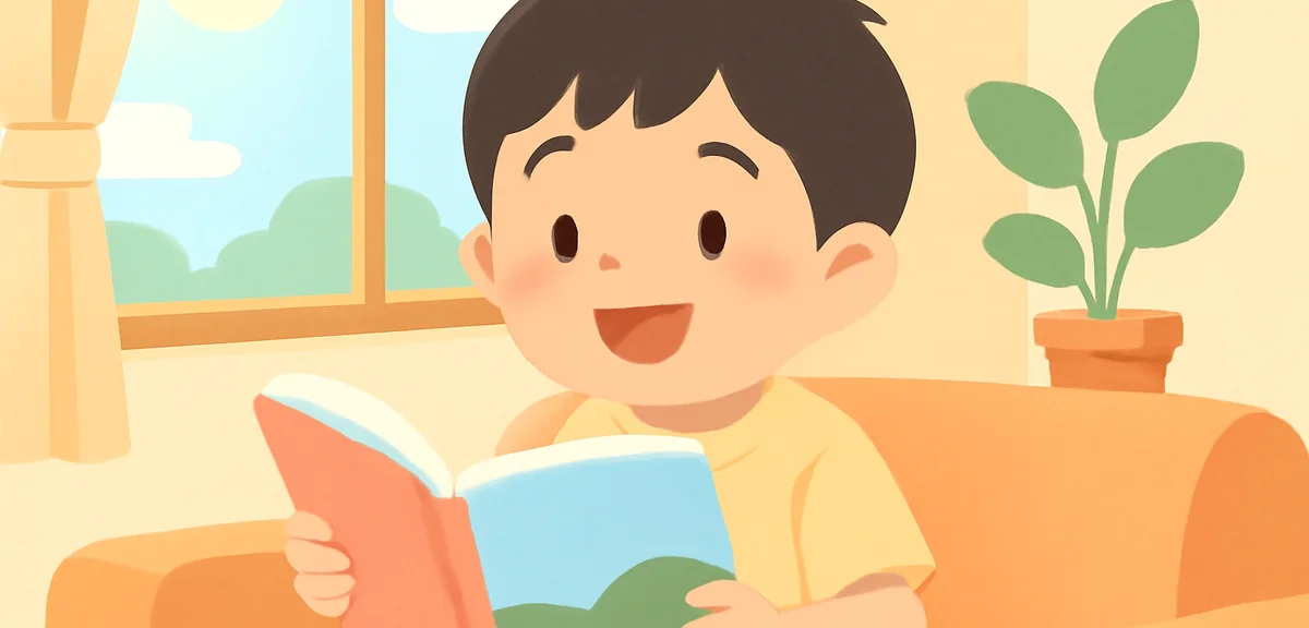 A young Japanese elementary school student smiling while reading a picture book at home, holding the