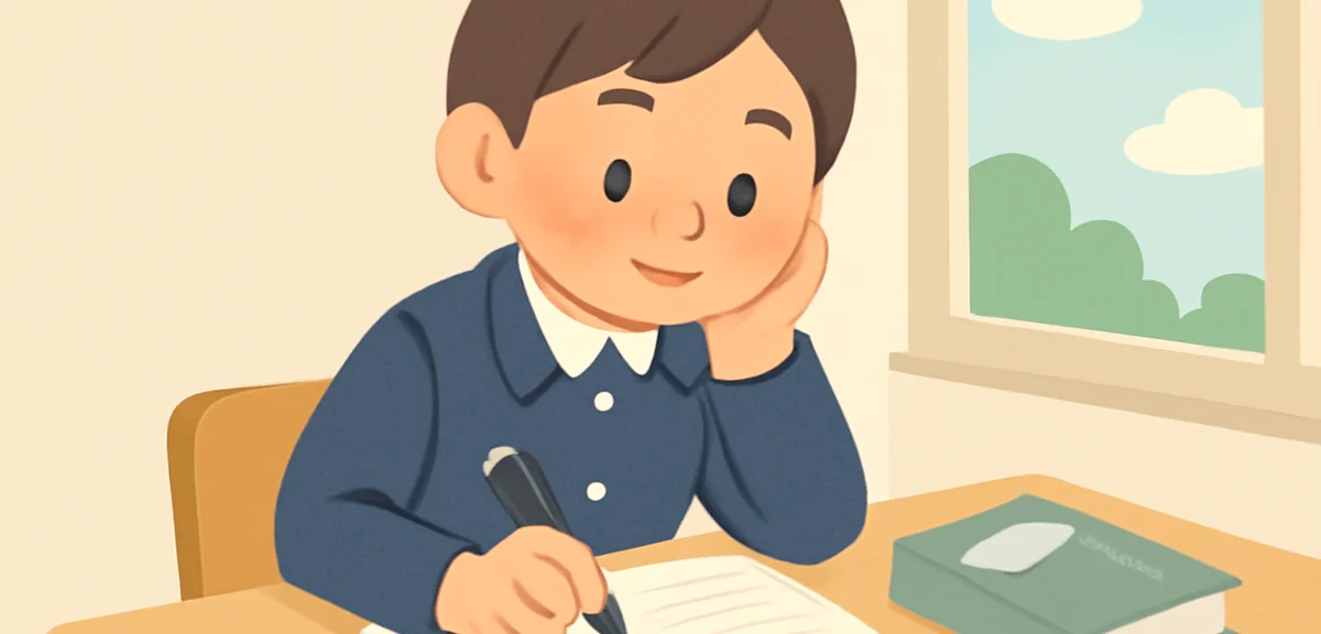 A Japanese middle school student writing a book report on a notebook with a pen, a novel placed besi