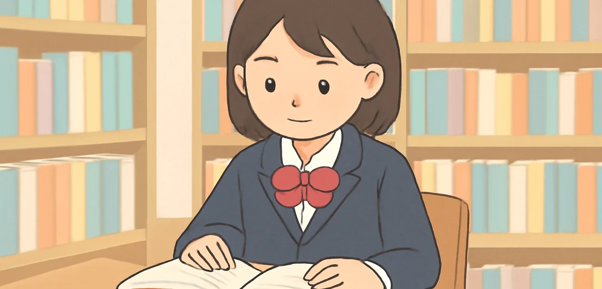 A Japanese high school student reading a thick book in a quiet library, surrounded by shelves of boo