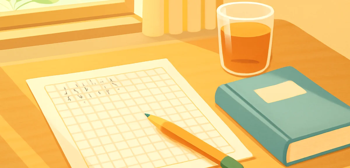 A neatly organized desk with a finished book report manuscript paper (genkou youshi), a pencil, a bo