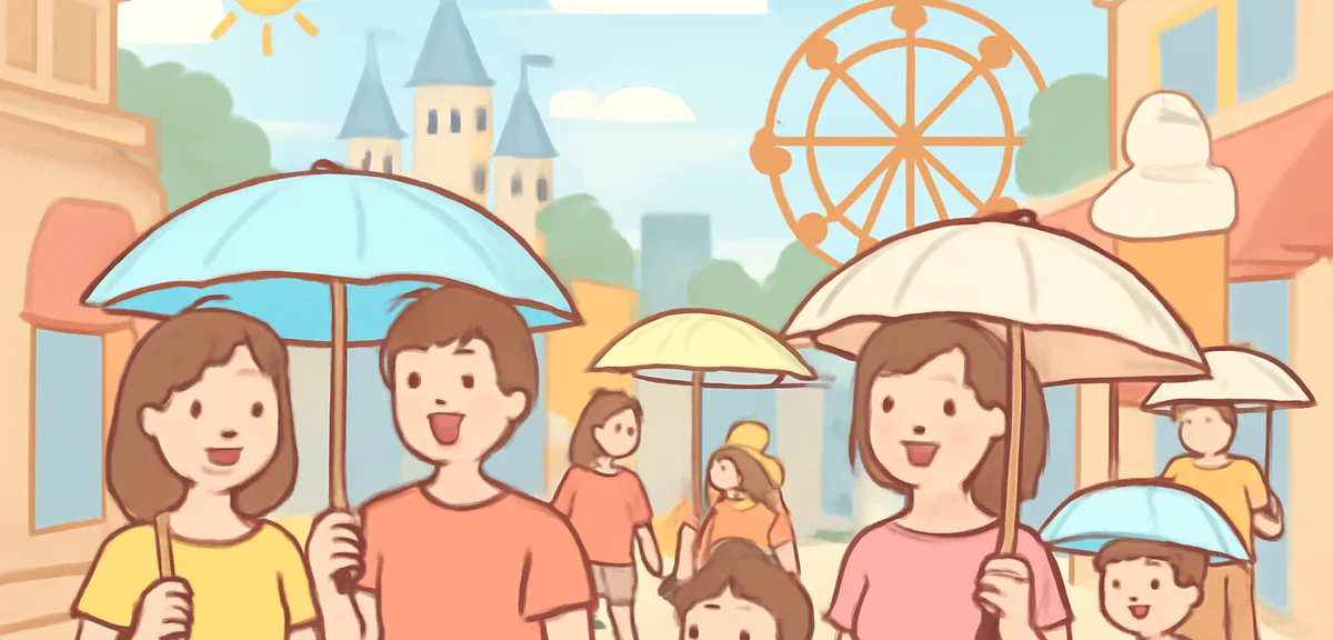 Crowded theme park street with people holding parasols on a hot summer afternoon, bright sunlight, n
