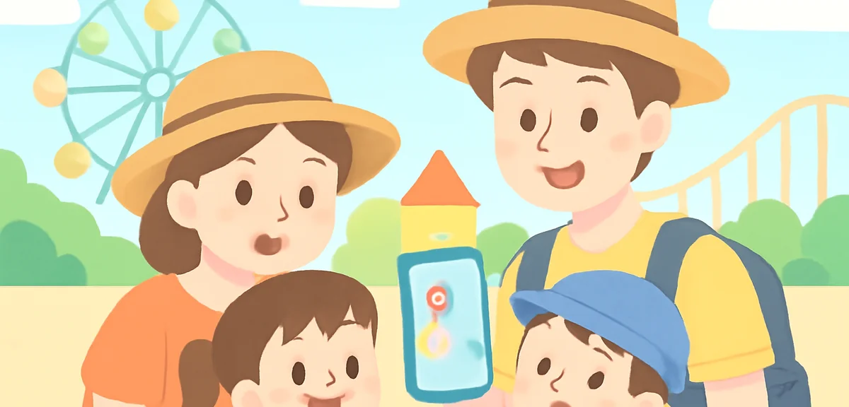 Family with children looking at a smartphone map app inside a theme park, summer outfits, no logos